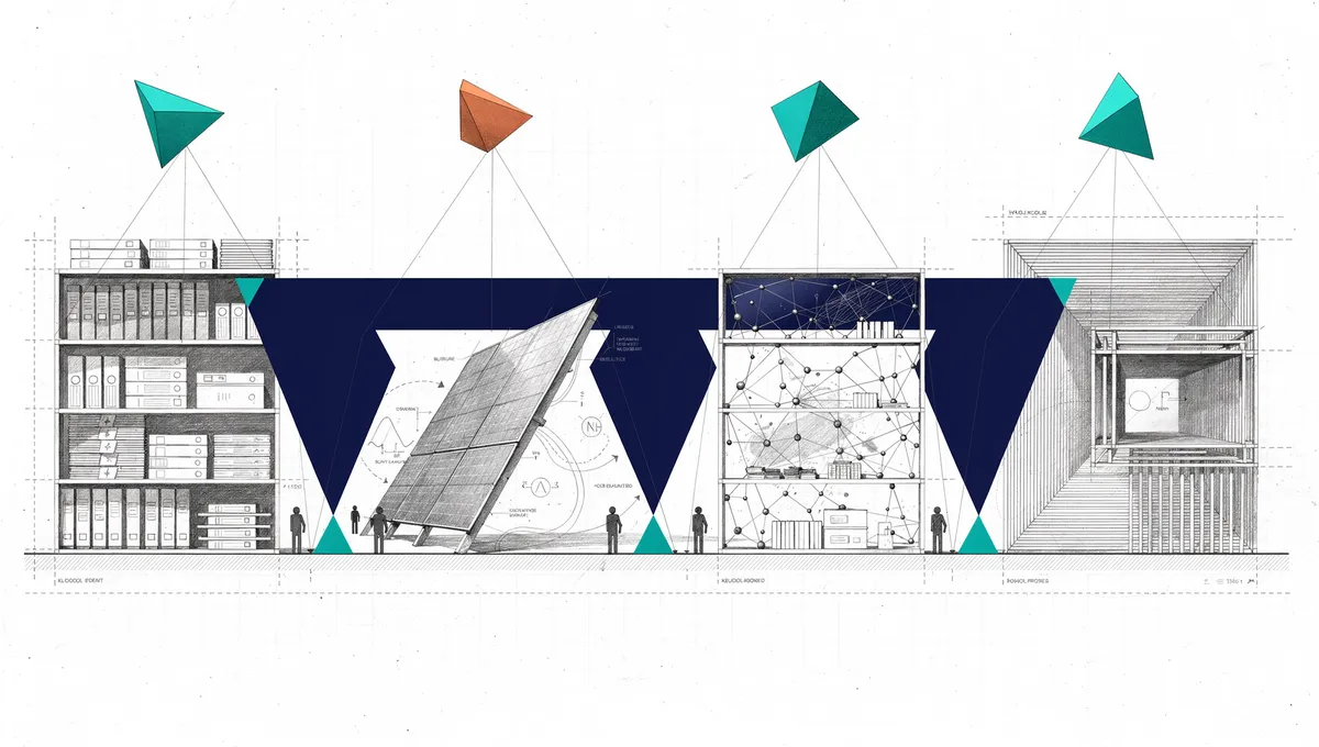 Vier regulierte Domänen – Finanz, Energie, Wissenschaft, Sicherheit – verbunden durch ein gemeinsames Tetraeder-Fundament